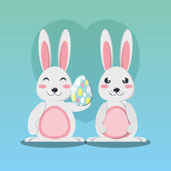 Obraz premium Cute rabbits and easter egg over blue background, colorful design. vector illustration