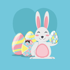 Cartoon bunny with colorful easter eggs over blue background, colorful design vector illustration
