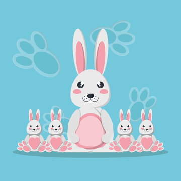 Cute rabbit mom and babies icon over blue background, colorful design. vector illustration