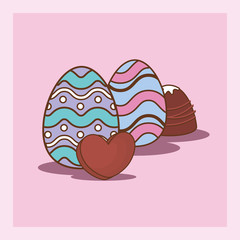 easter eggs with chocolate candies over pink background, colorful design vector illustration