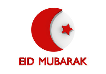 Card to Eid Mubarak with text, crescent moon and star in red. 3d rendering