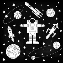 The astronaut, around which there are stars and meteorites, spacecraft, satellites on a black background. Vector illustration