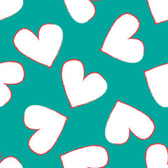 Abstract seamless heart pattern. Vector, minimalist white hearts on blue-green background