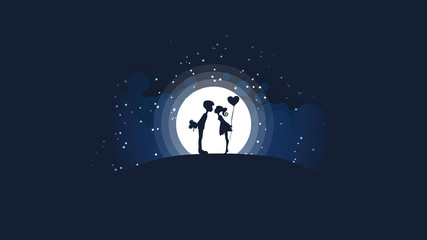 A couple of girls and guys kissing on the hill in front of a big bright moon and stars.