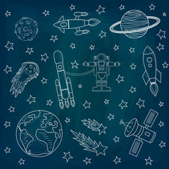 Earth, moon and other planets, stars and meteorites, rockets and astronaut, satellites. Vector illustration on a blue background. Drawing chalk on a blackboard. Template on the theme of space