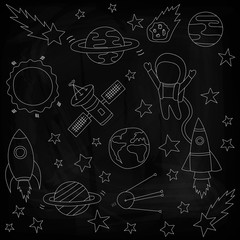Stars and meteorites, a rocket and an astronaut, satellites on a black background. Drawing chalk on a blackboard. Vector illustration. Template on the theme of space