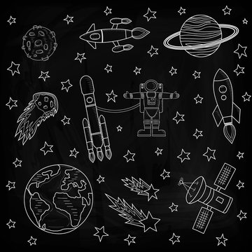Planets, stars and meteorites, rockets and astronaut, satellites. Vector illustration. Drawing chalk on a blackboard. Template on the theme of space