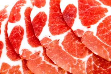Close-up sliced raw pork isolated on white background. It copy space and selection focus.