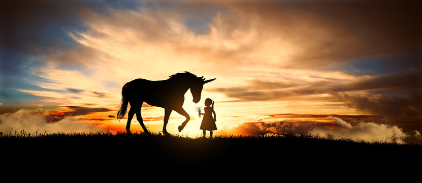 Fototapeta a sweet little girl offers fresh grass the Unicorn in a meadow at sunset