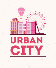 urban city design with city buildings and fortune wheel over white background, colorful design vector illustration