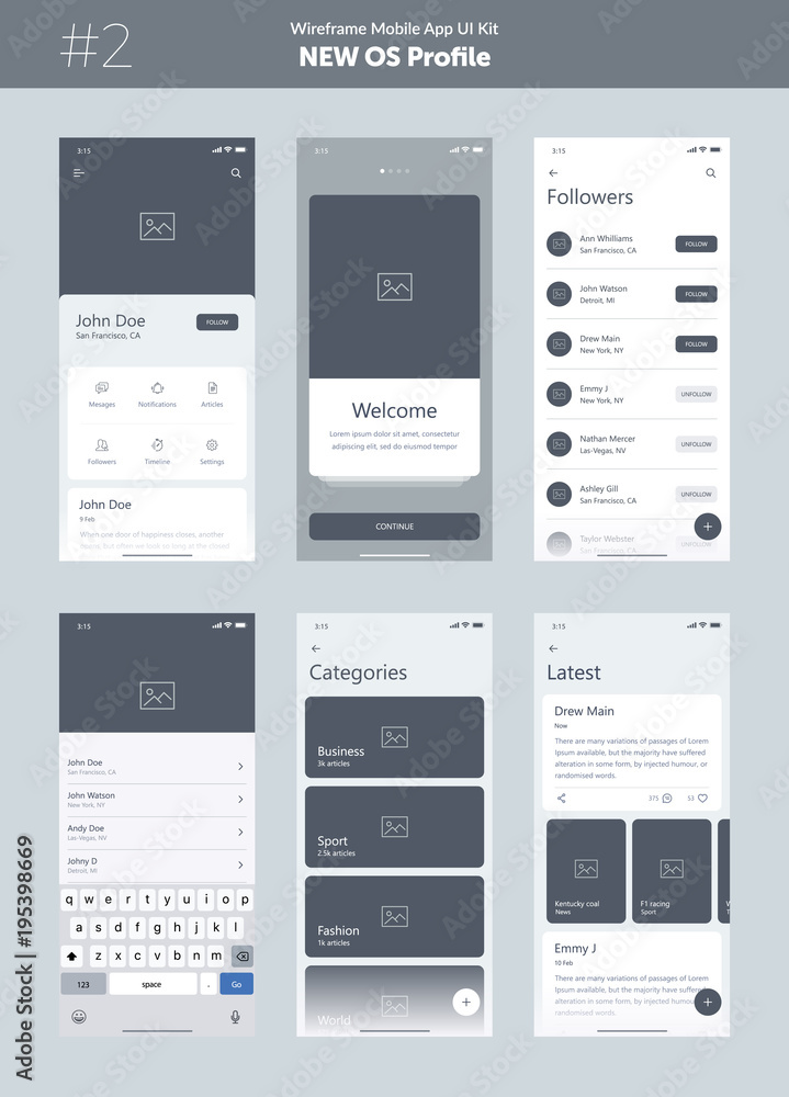 Canvas Prints wireframe kit for mobile phone. mobile app ui, ux design. new os profile. walkthrough, welcome, sign
