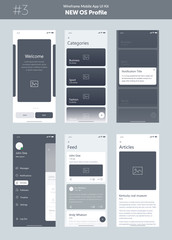 Wireframe kit for mobile phone. Mobile App UI, UX design. New OS Profile. Walkthrough, welcome, sign in, sign up, profile, account, login, search and menu screens.
