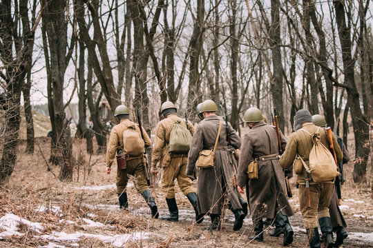 Re-enactors Dressed As Soviet Russian Red Army Infantry Soldiers
