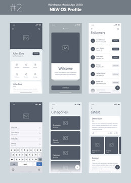 Wireframe Kit For Mobile Phone. Mobile App UI, UX Design. New OS Profile. Walkthrough, Welcome, Sign In, Sign Up, Profile, Account, Login, Search And Menu Screens.