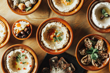 Lebanon cuisine. Traditional meze lunch - obrazy, fototapety, plakaty