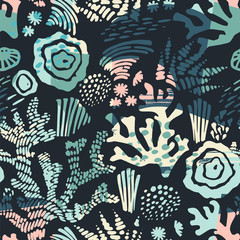 Vector sea seamless pattern with hand drawn textures.