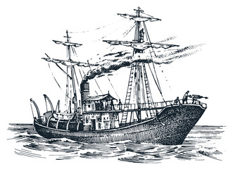 Motor ship in the sea, summer adventure, active vacation. Seagoing vessel with steam smoke from the pipe, nautical marine sailboat. water transport in the ocean. engraved hand drawn in vintage style.