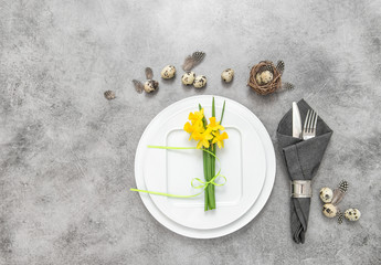 Easter still life place setting decoration eggs flowers