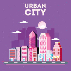 urban city  design with city buildings over purple background, colorful design vector illustration