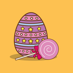 Easter egg with candy lollipop over yellow background, colorful design vector illustration