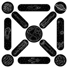 The pattern of the cosmos. Spacecraft, Earth, Moon, planets, satellites and stars. Sketch of drawing, white outline on black background, vector illustration