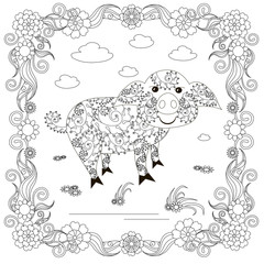 Zen tangle pig in flower frame monochrome sketch, coloring page antistress stock vector illustration for print, for coloring page