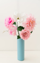 Crepe paper flower bouquet with dahlia, peonies, camellia and an English garden rose in a vase