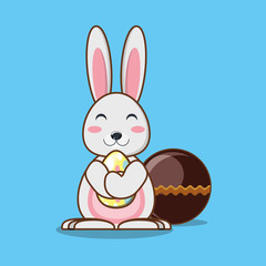 Cute bunny with chocolate candy and easter egg over blue background, colorful design vector illustration