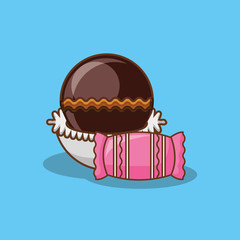 Chocolate truffles and wrapped candy over blue background, colorful design vector illustration