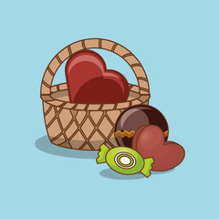 Basket with chocolate candies over blue background, colorful design vector illustration