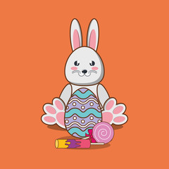 Cute bunny with easter egg and candies over orange background, colorful design vector illustration