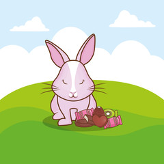 Happy easter design with cute rabbit and candies over landscape background, colorful design vector illustration