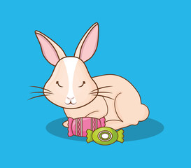 Cute rabbit with candies over blue background, colorful design vector illustration