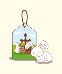 Cute bunny and tag with happy easter related icons over white background, colorful design vector illustration