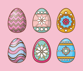Icon set of easter eggs over pink background, colorful design. vector illustration