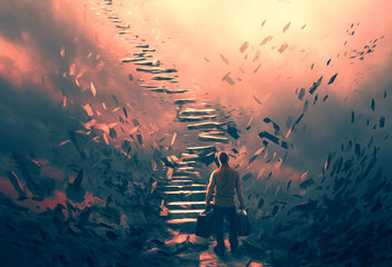Illustration of a man and dangerous stairs - obrazy, fototapety, plakaty