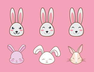 Icon set of cute rabbits over pink background, colorful design vector illustration