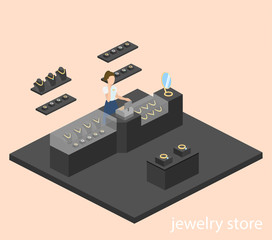 Isometric flat 3D concept vector illustration interior of jewelry store.