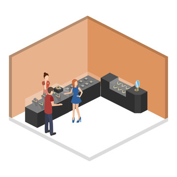 Isometric flat 3D concept vector illustration interior of jewelry store.
