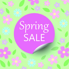 spring sale floral bacground with discount circle sticker with curled corner, pastel colors pink and blue flowers and green leaves - vector seasonal promotion template