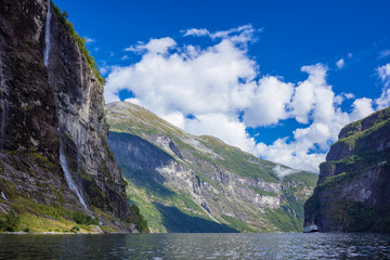 Fototapeta na wymiar Geiranger fjord famous waterfalls, accessible only from water. Geirangerfjord, Norway.
