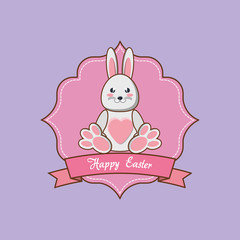 Obraz na płótnie Canvas Happy easter design with cute rabbit and decorative frame and ribbon over purple background, colorful design vector illustration
