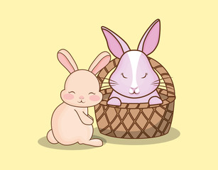 Happy easter design with cute bunny on a basket and rabbit over yellow background, colorful design vector illustration