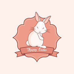 Happy easter design with cute rabbit and decorative frame and ribbon over pink background, colorful design vector illustration