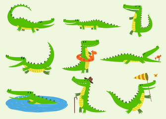 Naklejka premium Kreskówka wektor krokodyli znaków różnych zielonych zwierząt w ogrodach zoologicznych. Śliczny krokodyl śmieszne zwierzę z zabawką do kąpieli i dużymi zębami. Szczęśliwy drapieżnik reptyle charakter maskotka komiks kolor ilustracja