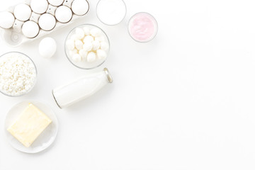 Natural farm products. Milk, cottage, eggs, cheese, yougurt on white background top view copy space. Monochrome