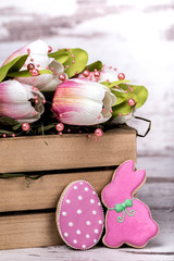 Easter gingerbread cookies and beautiful tulips