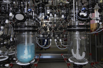 manufacture of medicines at a drug factory. liquid in a flask