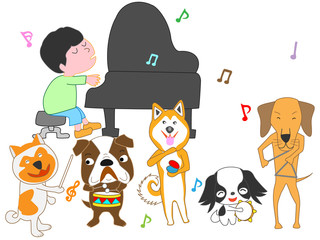 Obraz na płótnie Canvas 犬のコンサート。犬が歌ったり、楽器を演奏したりしている。