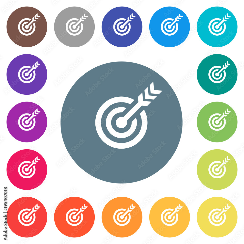 Poster target table with arrow flat white icons on round color backgrounds